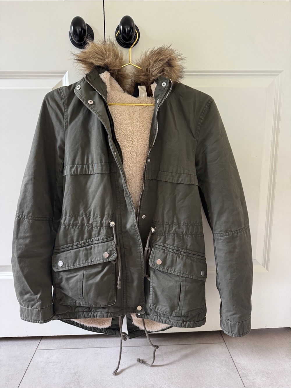Divided Olive Green Teddy-Lined Hooded Jacket with Faux Fur Trim